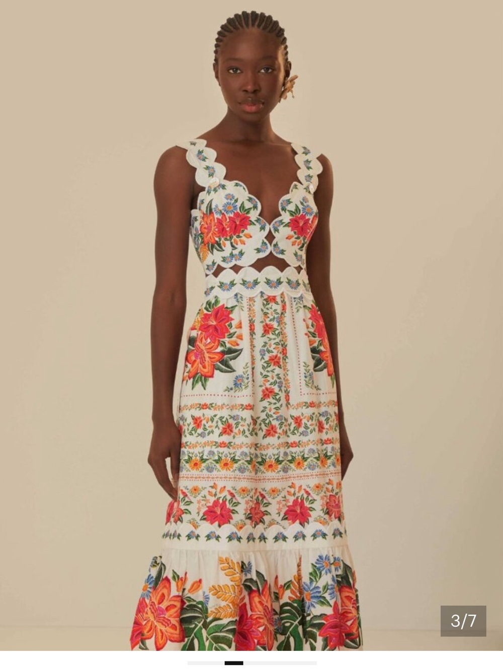 FARM Rio Off-White Maxi Dress with Red, Orange & Green Floral Embroidery